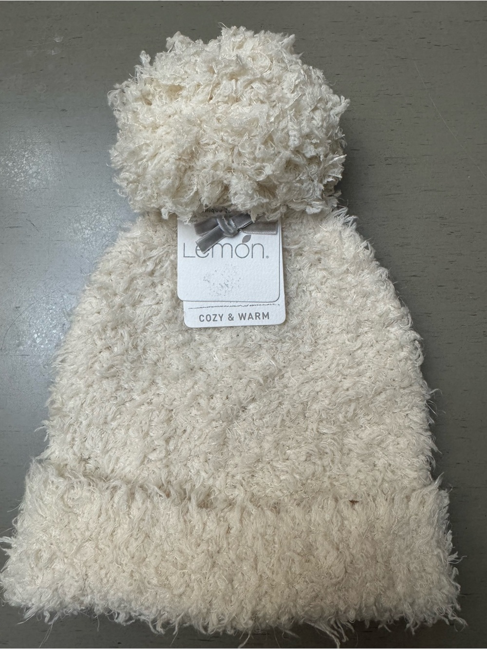 Lemon Cozy & Warm Cream Fuzzy Pom Beanie for women NWT